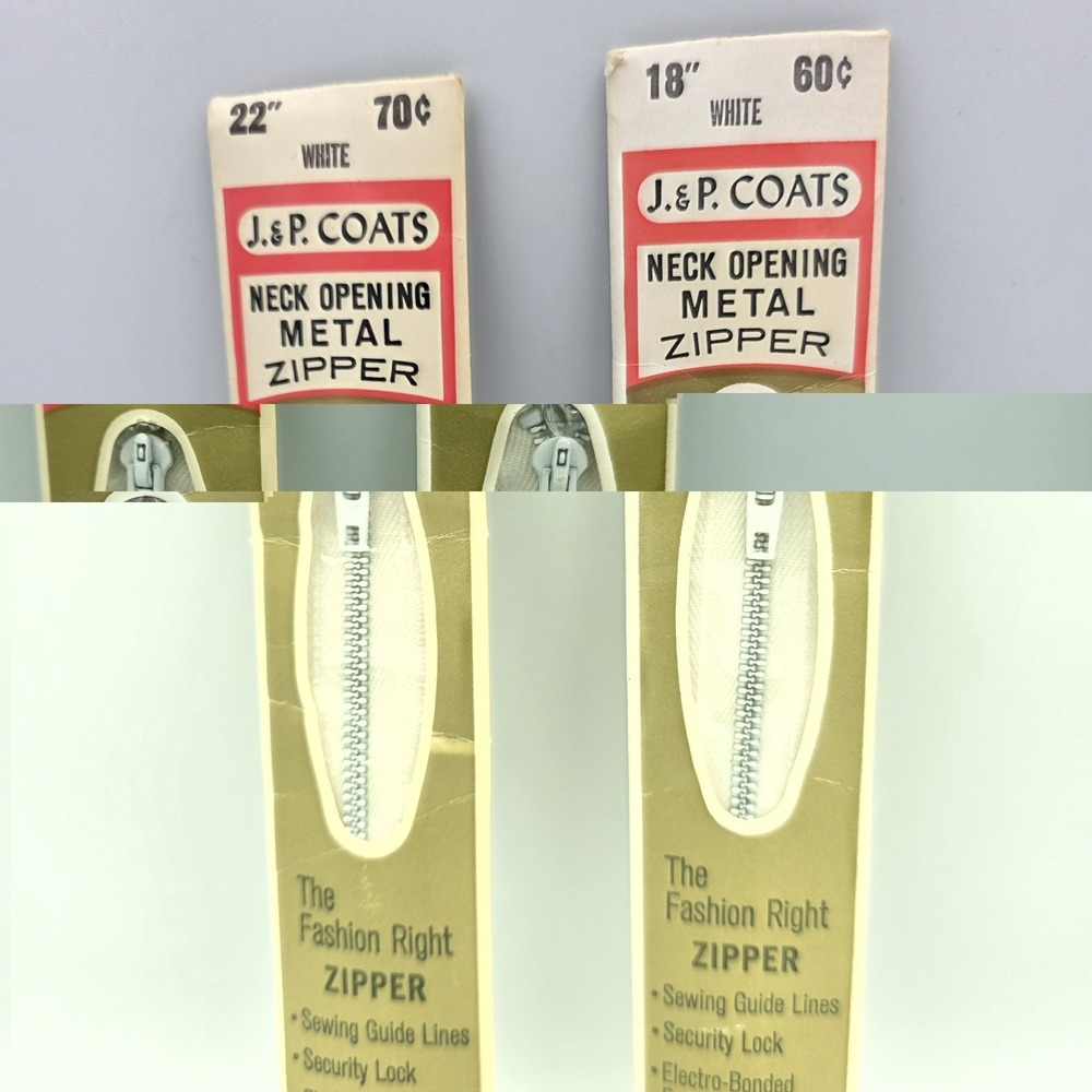 2 ~ Vintage J & P Coats Neck Opening Metal Zippers 18" & 22" White - Picture 2 of 4